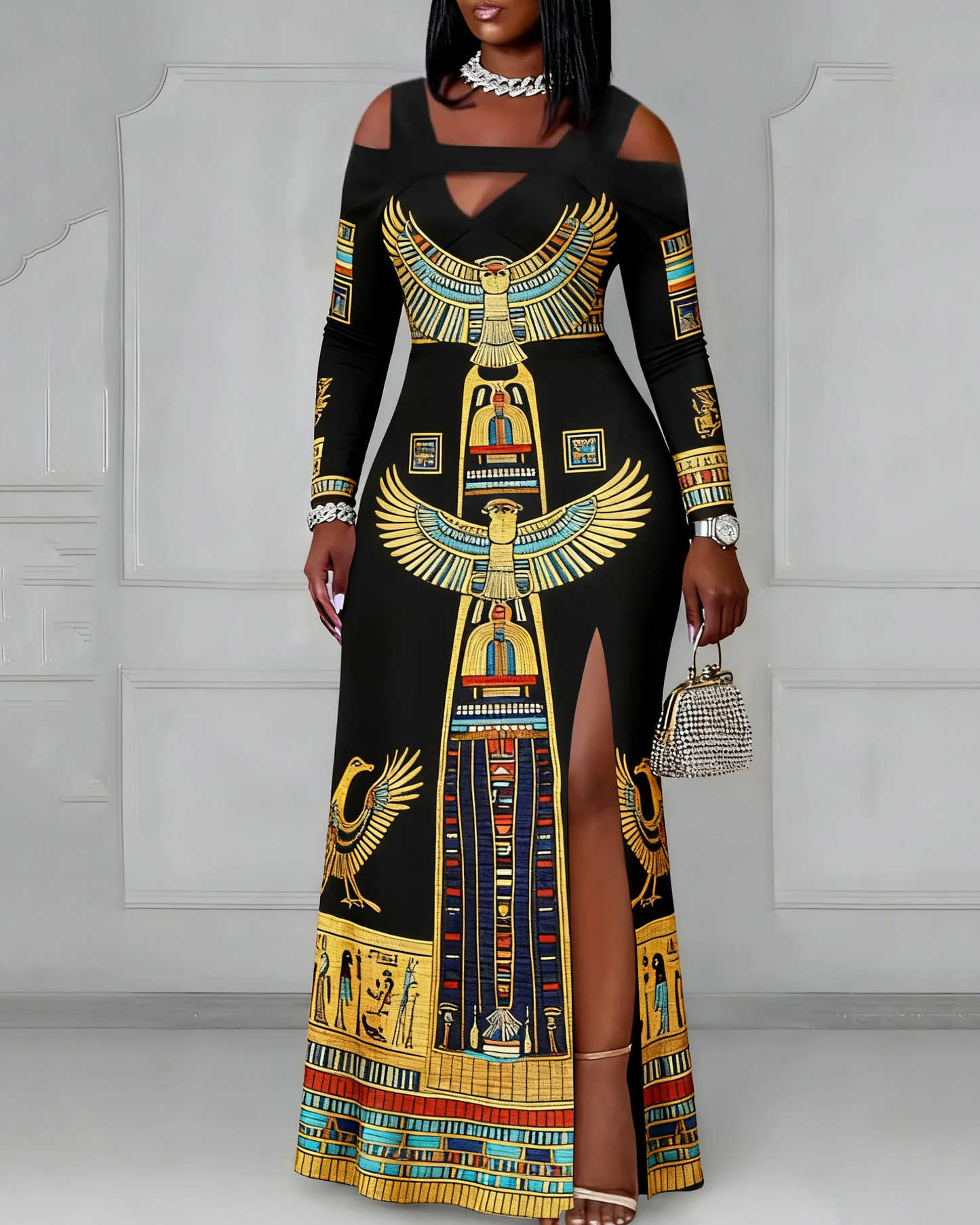 Cutout Off-shoulder V-neck Black Culture Egyptian Prints Long Sleeve Bodycon Party Dress