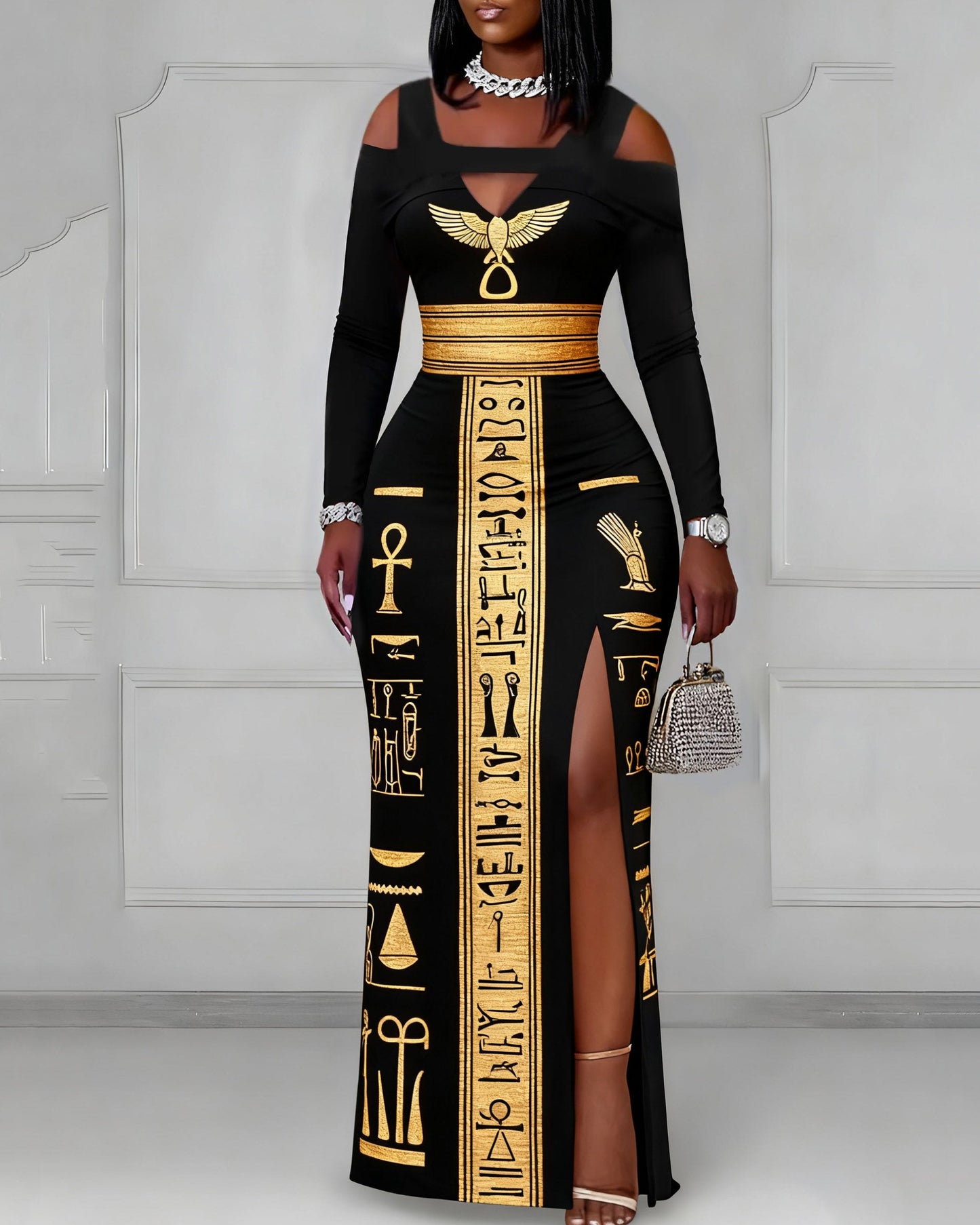 Cutout Off-shoulder V-neck Black Culture Egyptian Anka Symbol Long Sleeve Bodycon Party Dress
