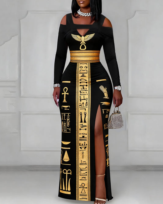 Cutout Off-shoulder V-neck Black Culture Egyptian Anka Symbol Long Sleeve Bodycon Party Dress
