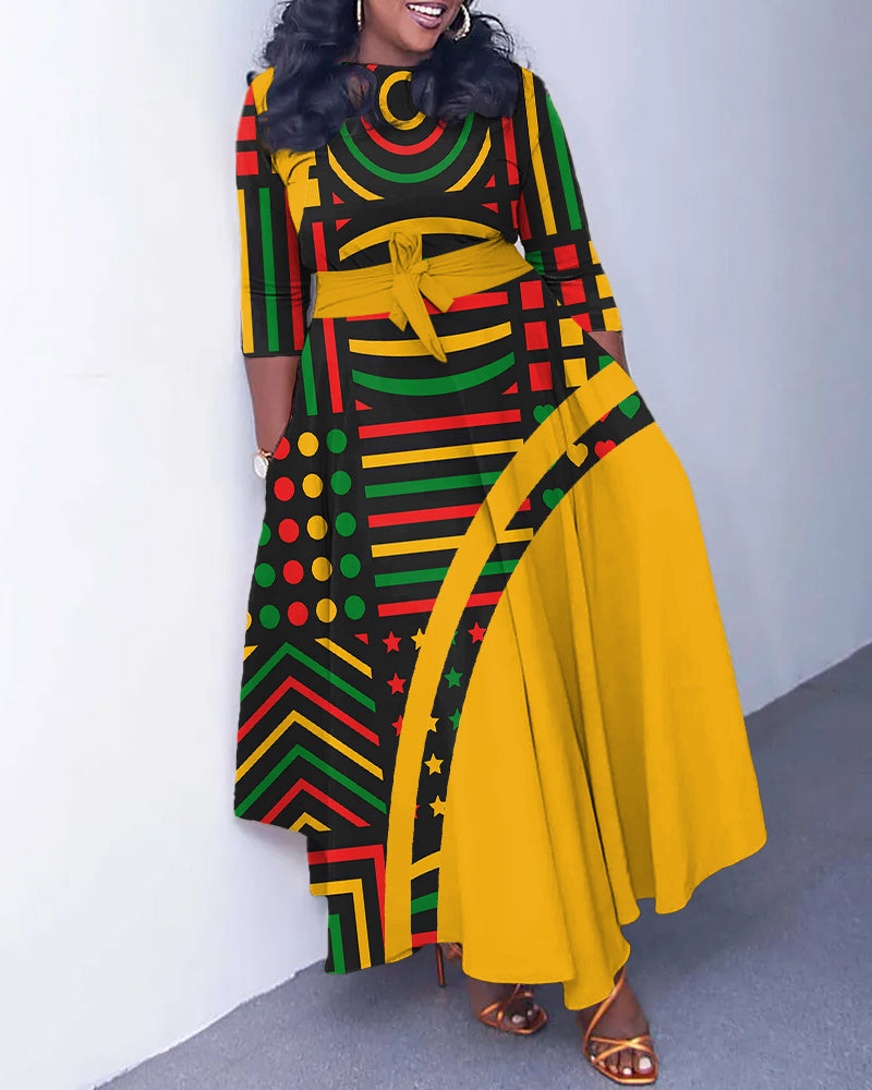Crew Neck Colorful African Prints Straps Pockets Maxi Dress