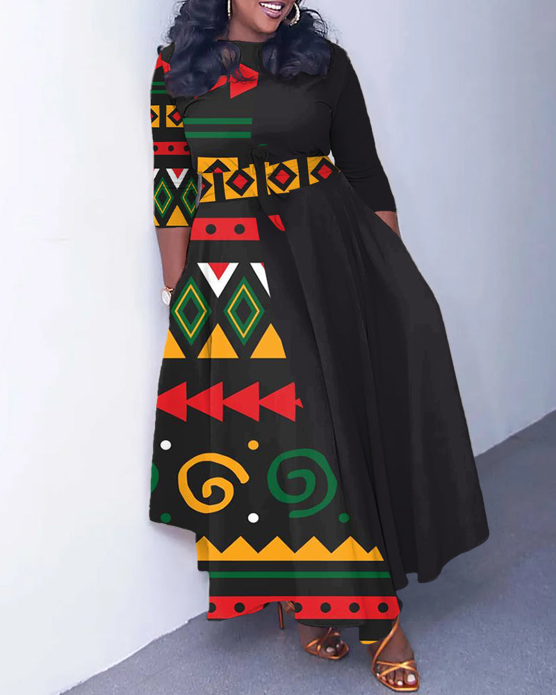 Crew Neck Totem Splicing Straps Pockets Maxi Dress