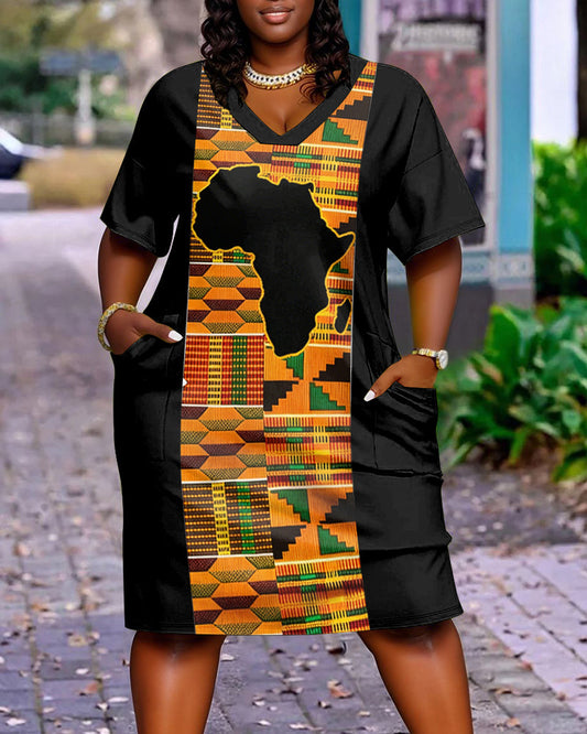 Geometric Print of African Map Pocket Casual Dress
