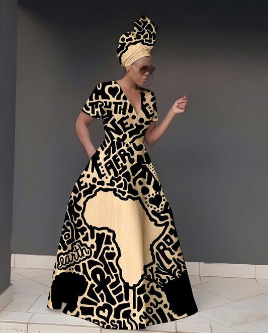 V Neck Striped Africa Map Print Short Sleeve Maxi Dress