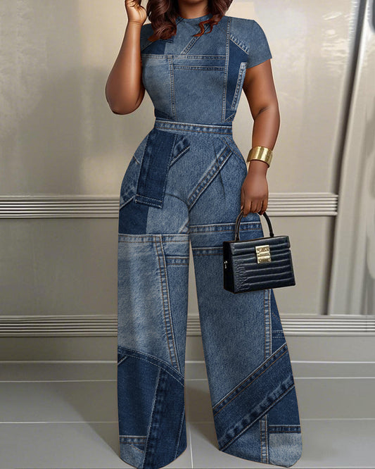 Denim Patch Print 2pcs Set Wide Leg Jumpsuit