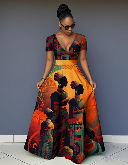 V Neck Beautiful African Woman Short Sleeve Maxi Dress