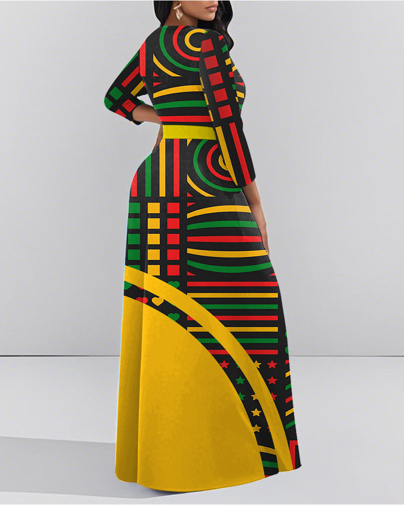 Crew Neck Colorful African Prints Straps Pockets Maxi Dress